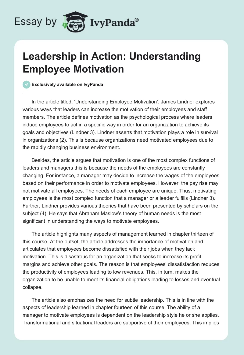 Leadership in Action: Understanding Employee Motivation. Page 1