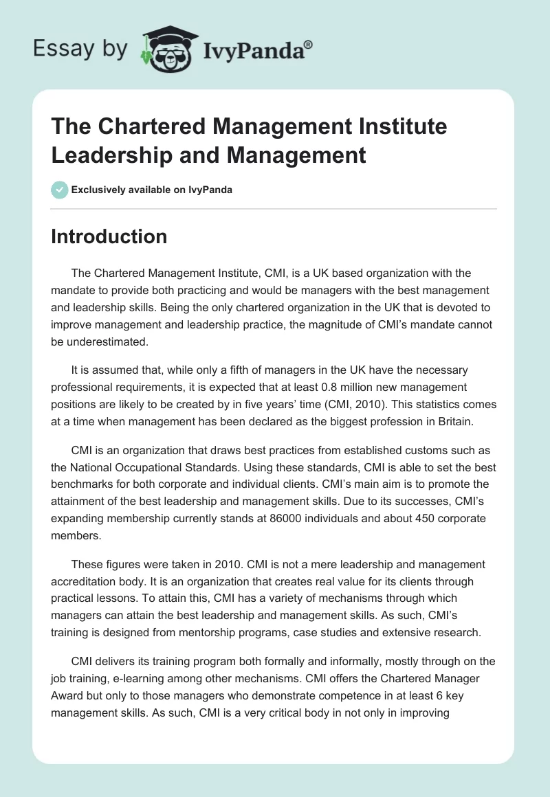 The Chartered Management Institute Leadership and Management. Page 1