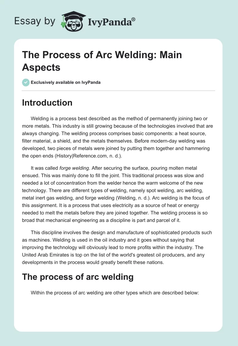 The Process of Arc Welding: Main Aspects. Page 1