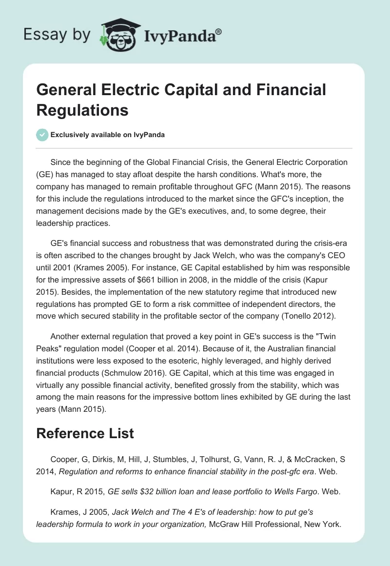 General Electric Capital and Financial Regulations. Page 1