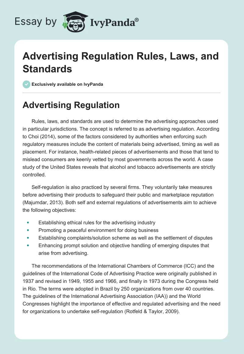 Advertising Regulation Rules, Laws, and Standards. Page 1