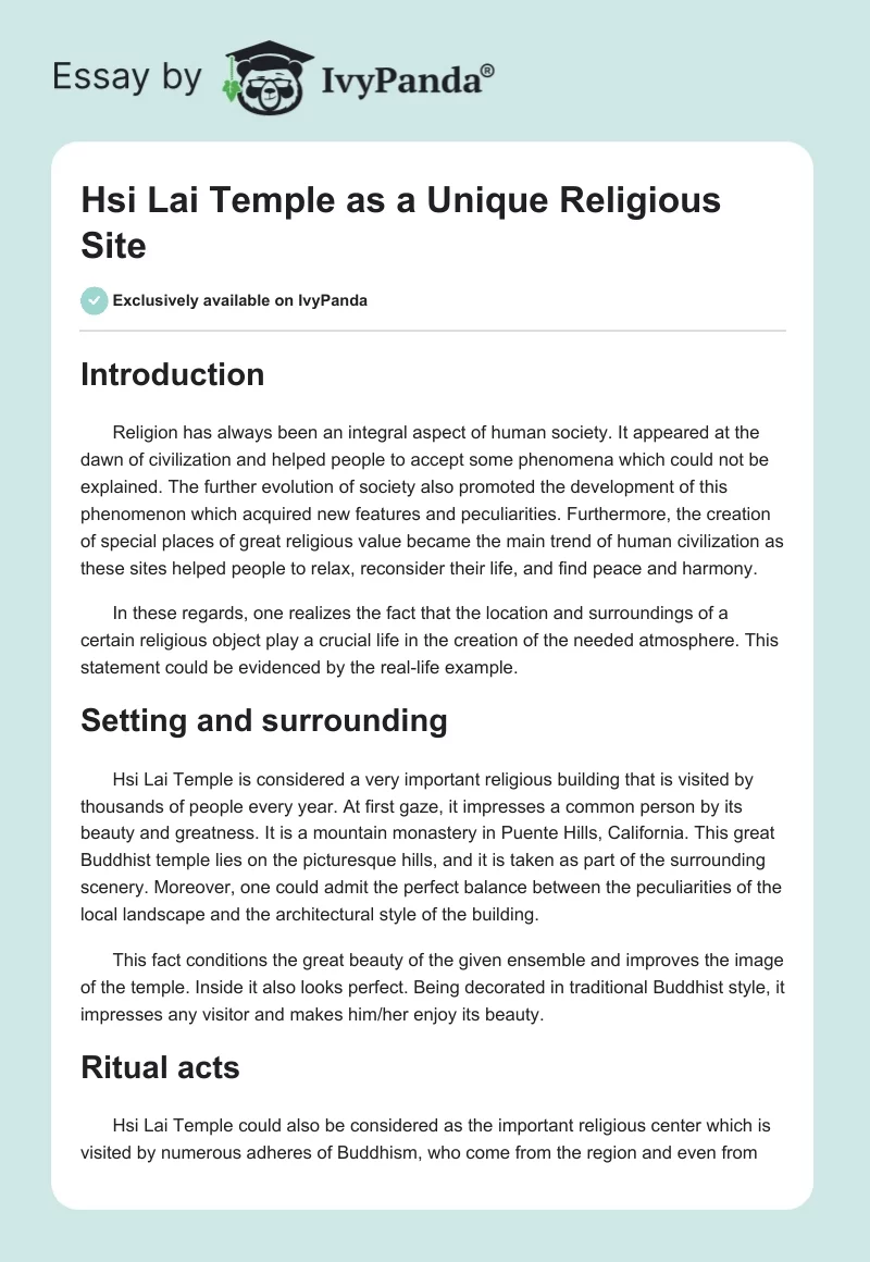 Hsi Lai Temple as a Unique Religious Site. Page 1