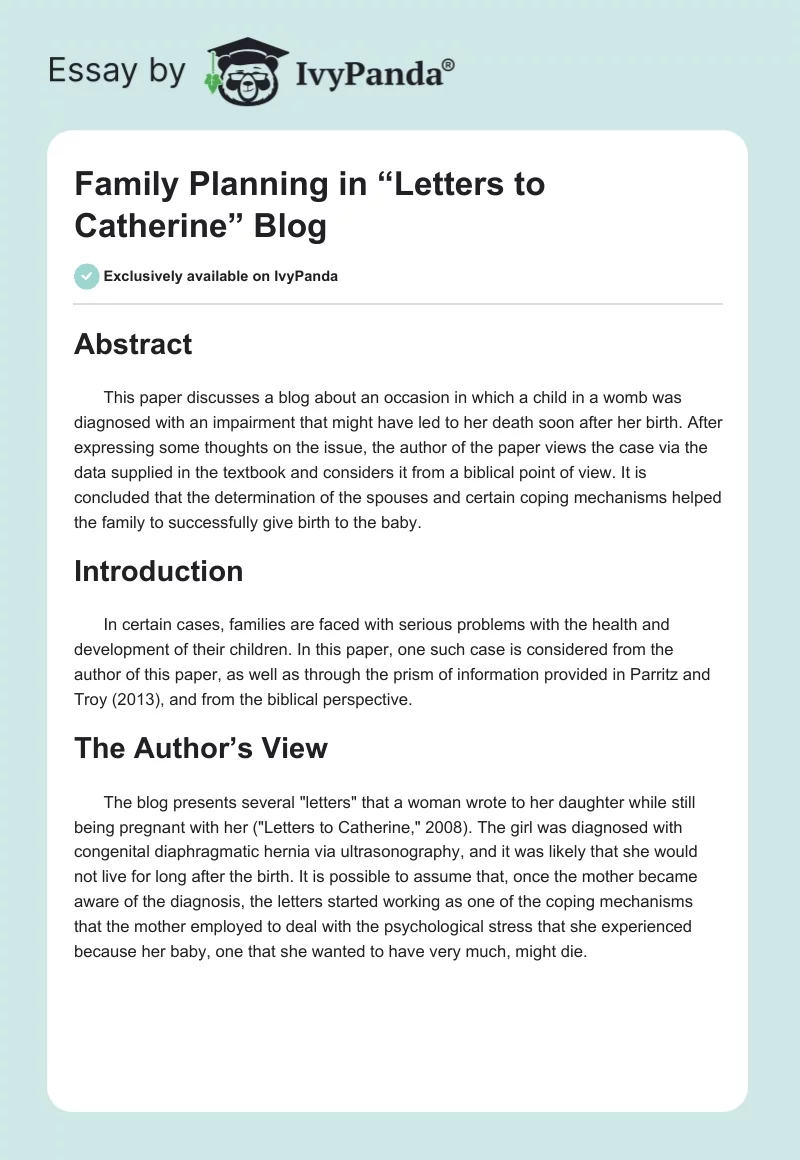 Family Planning in “Letters to Catherine” Blog. Page 1