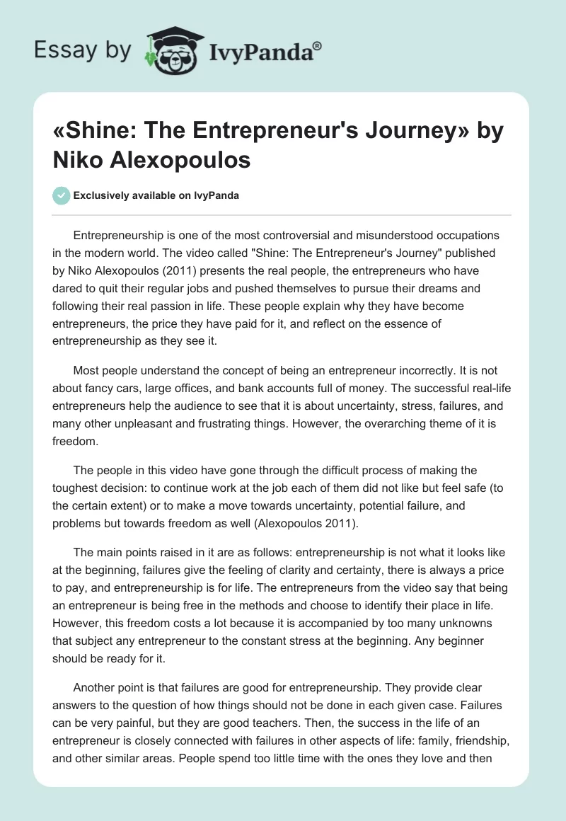 «Shine: The Entrepreneur's Journey» by Niko Alexopoulos. Page 1