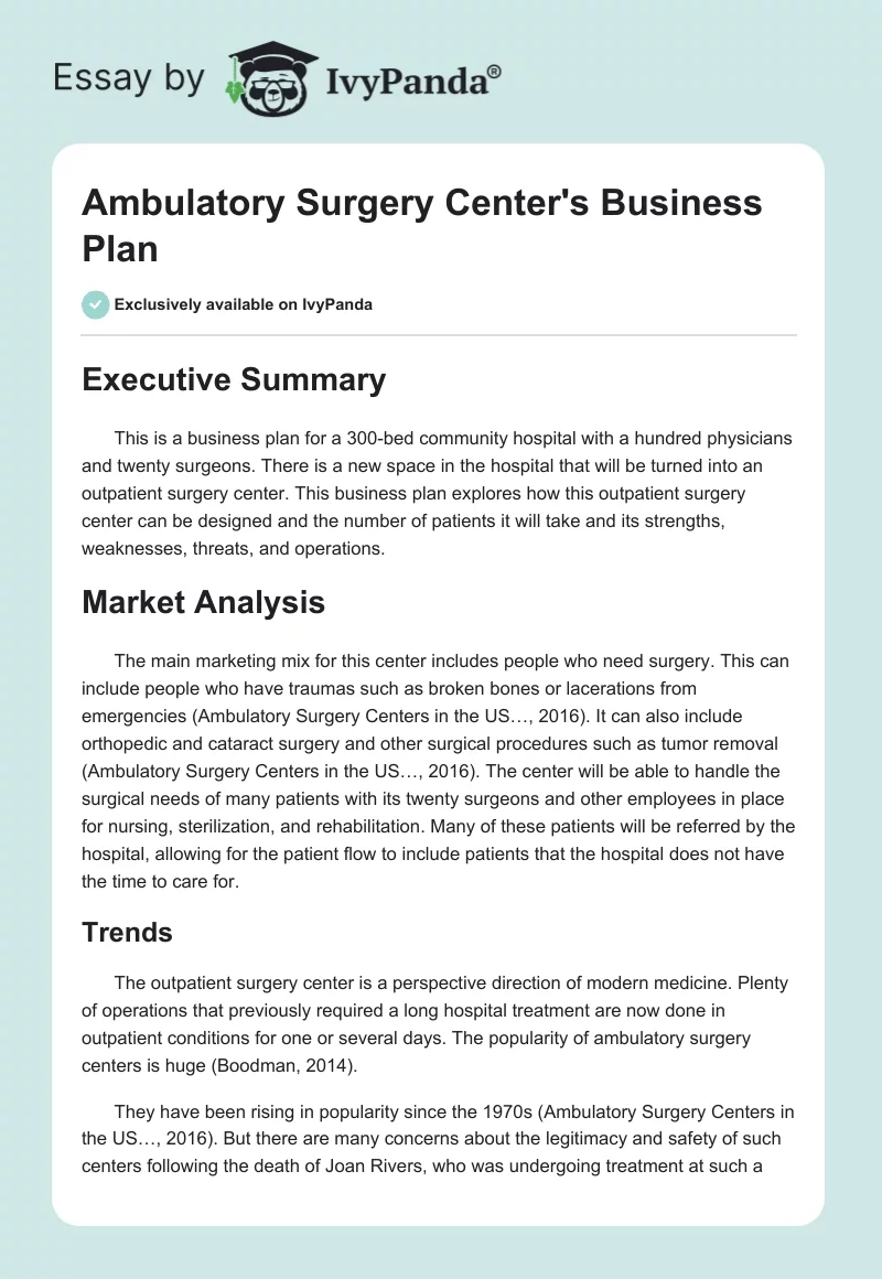 Ambulatory Surgery Center's Business Plan. Page 1