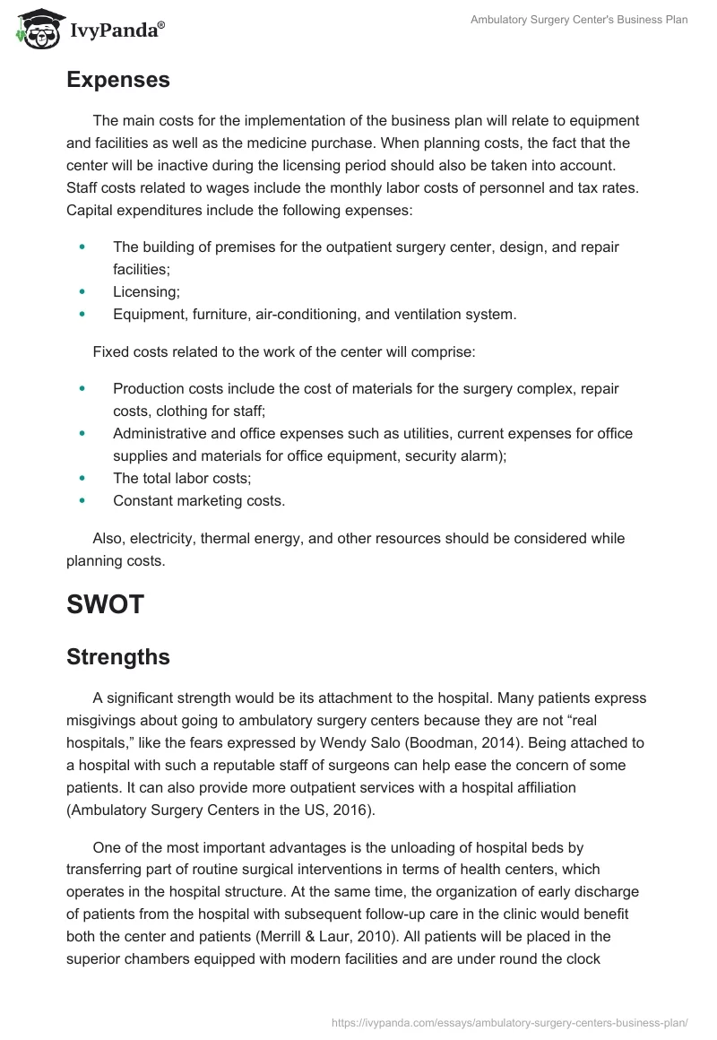 Ambulatory Surgery Center's Business Plan. Page 5