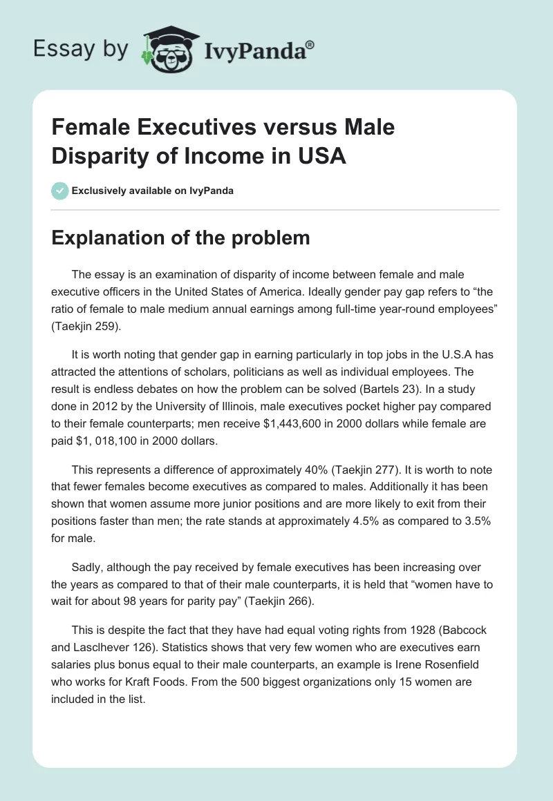 Female Executives versus Male Disparity of Income in USA. Page 1