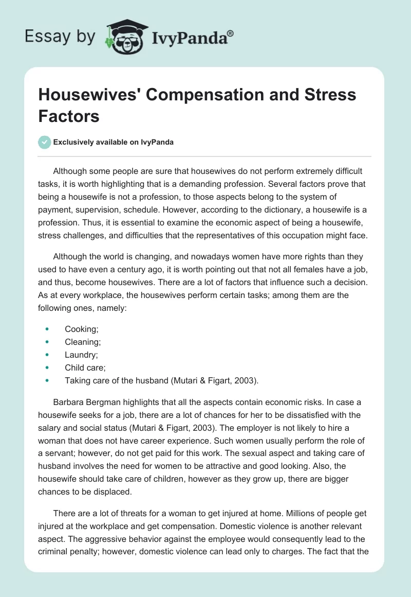 Housewives' Compensation and Stress Factors. Page 1