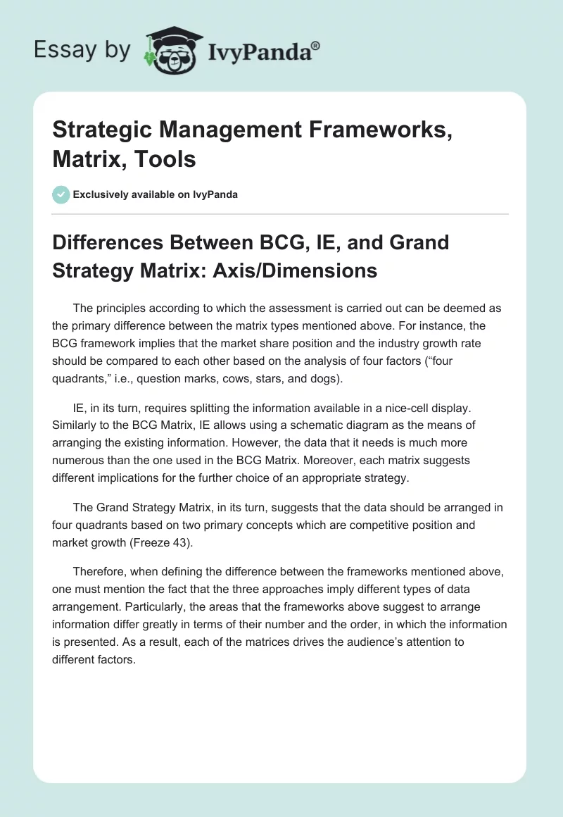 Strategic Management Frameworks, Matrix, Tools. Page 1