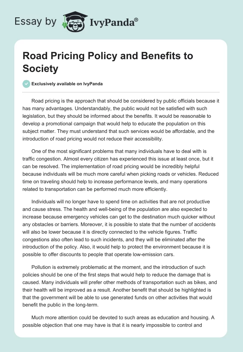 Road Pricing Policy and Benefits to Society. Page 1
