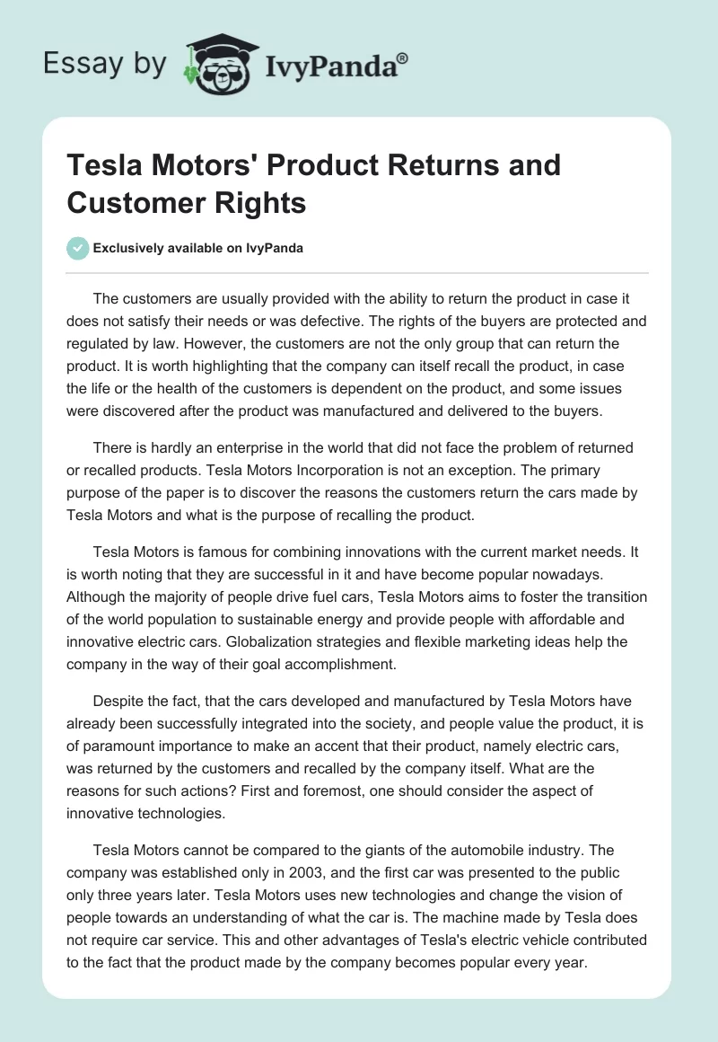 Tesla Motors' Product Returns and Customer Rights. Page 1