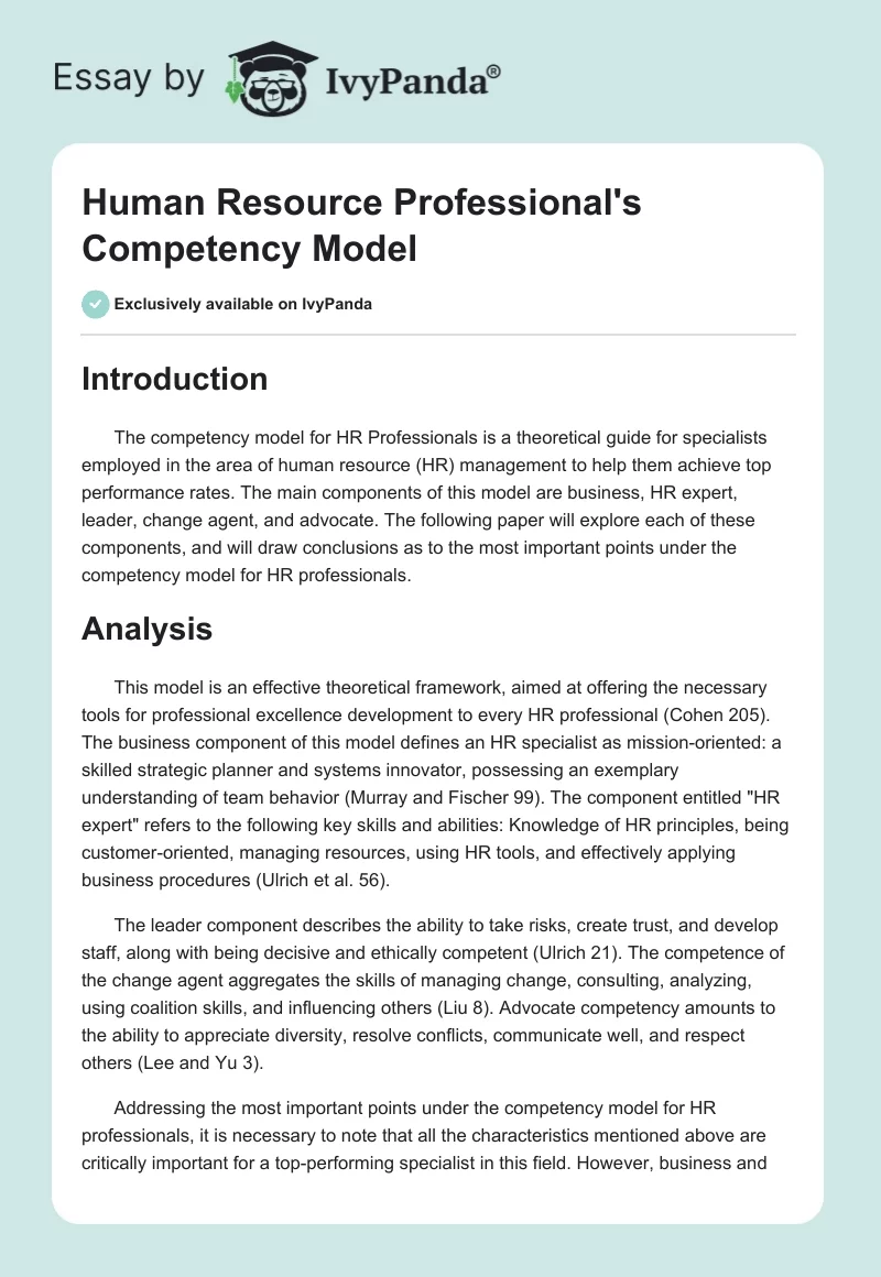 Human Resource Professional's Competency Model. Page 1
