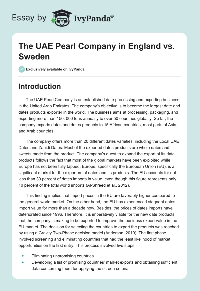 The UAE Pearl Company in England vs. Sweden. Page 1