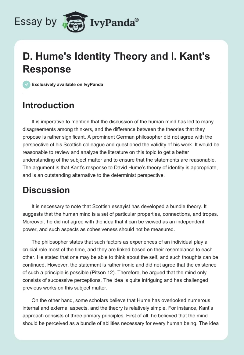D. Hume's Identity Theory and I. Kant's Response. Page 1
