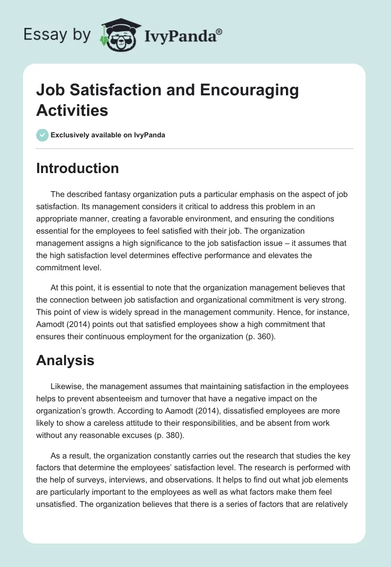 Job Satisfaction and Encouraging Activities. Page 1