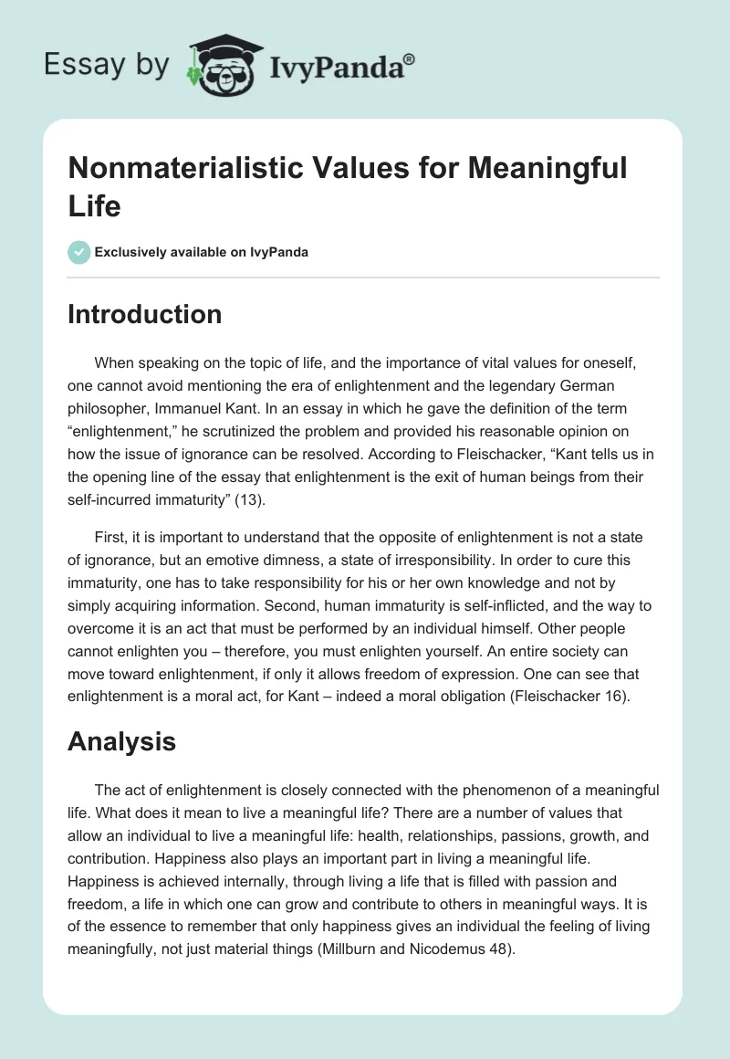 Nonmaterialistic Values for Meaningful Life. Page 1
