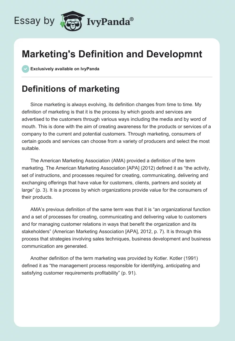 Marketing's Definition and Developmnt. Page 1
