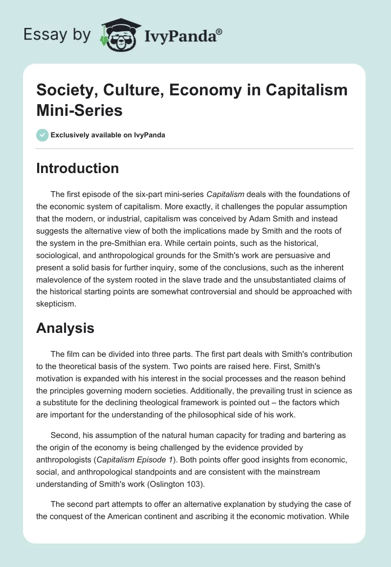 Society, Culture, Economy in "Capitalism" Mini-Series. Page 1