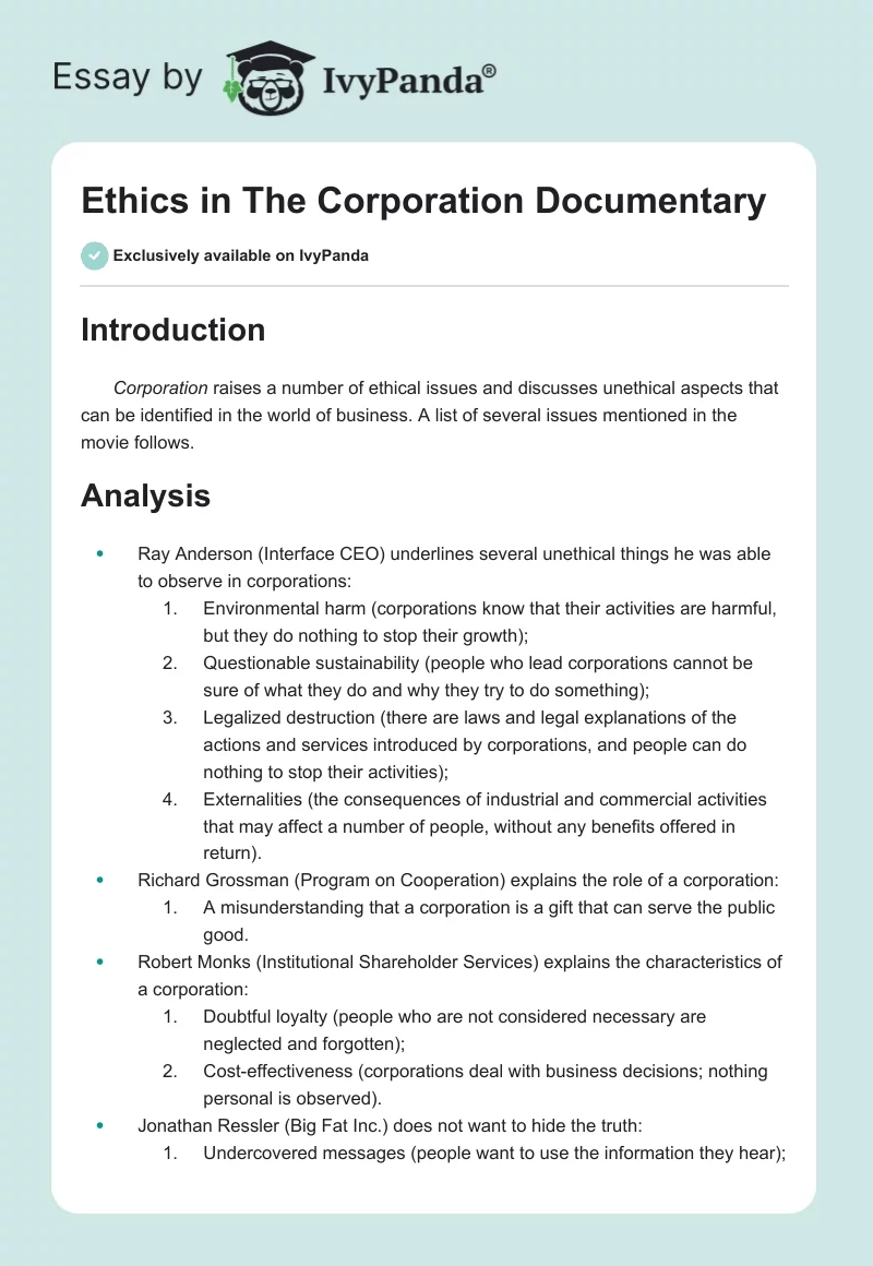Ethics in "The Corporation" Documentary. Page 1