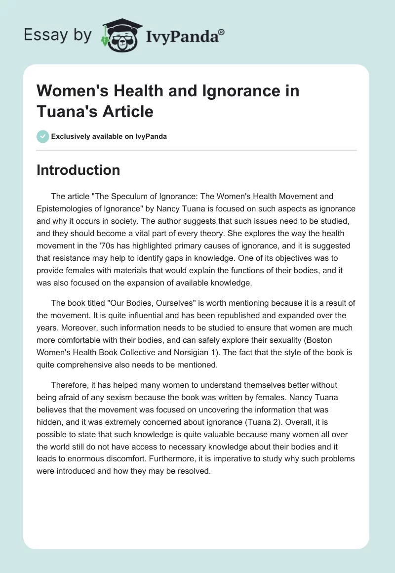 Women's Health and Ignorance in Tuana's Article. Page 1