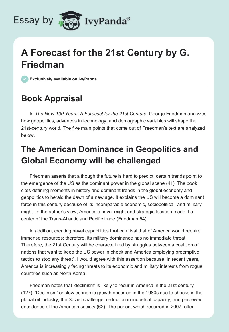 "A Forecast for the 21st Century" by G. Friedman. Page 1