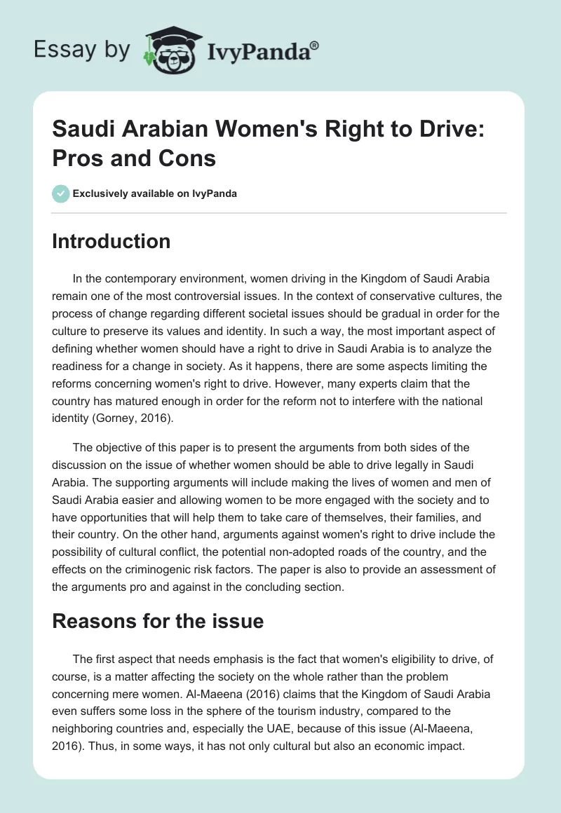 Saudi Arabian Women's Right to Drive: Pros and Cons. Page 1