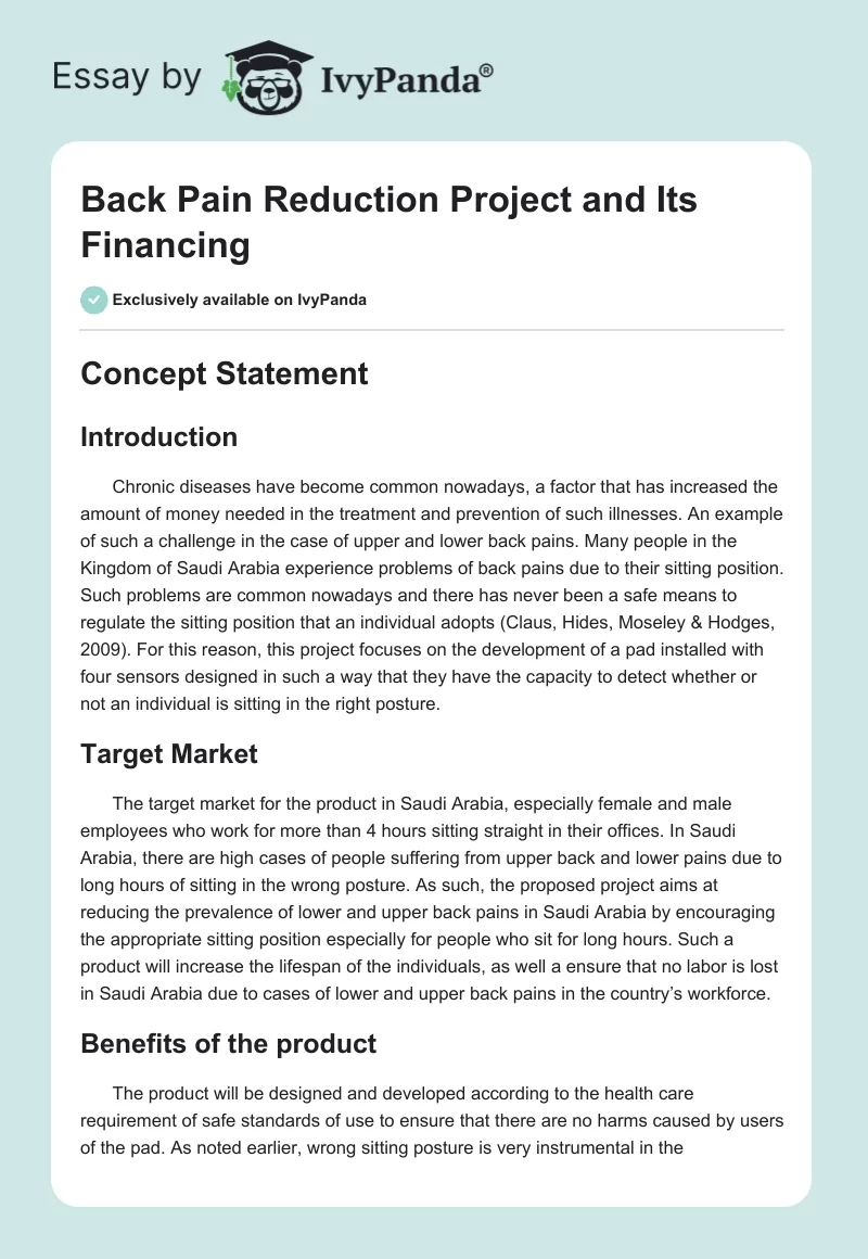 Back Pain Reduction Project and Its Financing. Page 1