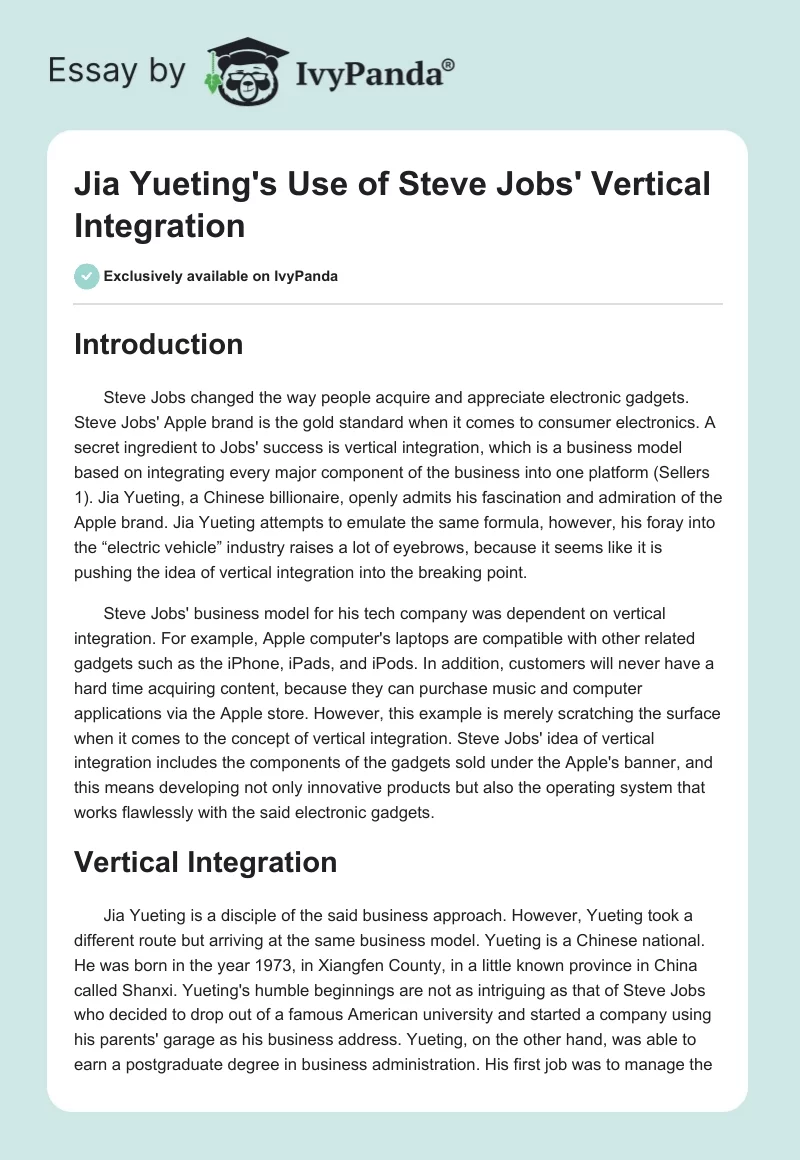 Jia Yueting's Use of Steve Jobs' Vertical Integration. Page 1