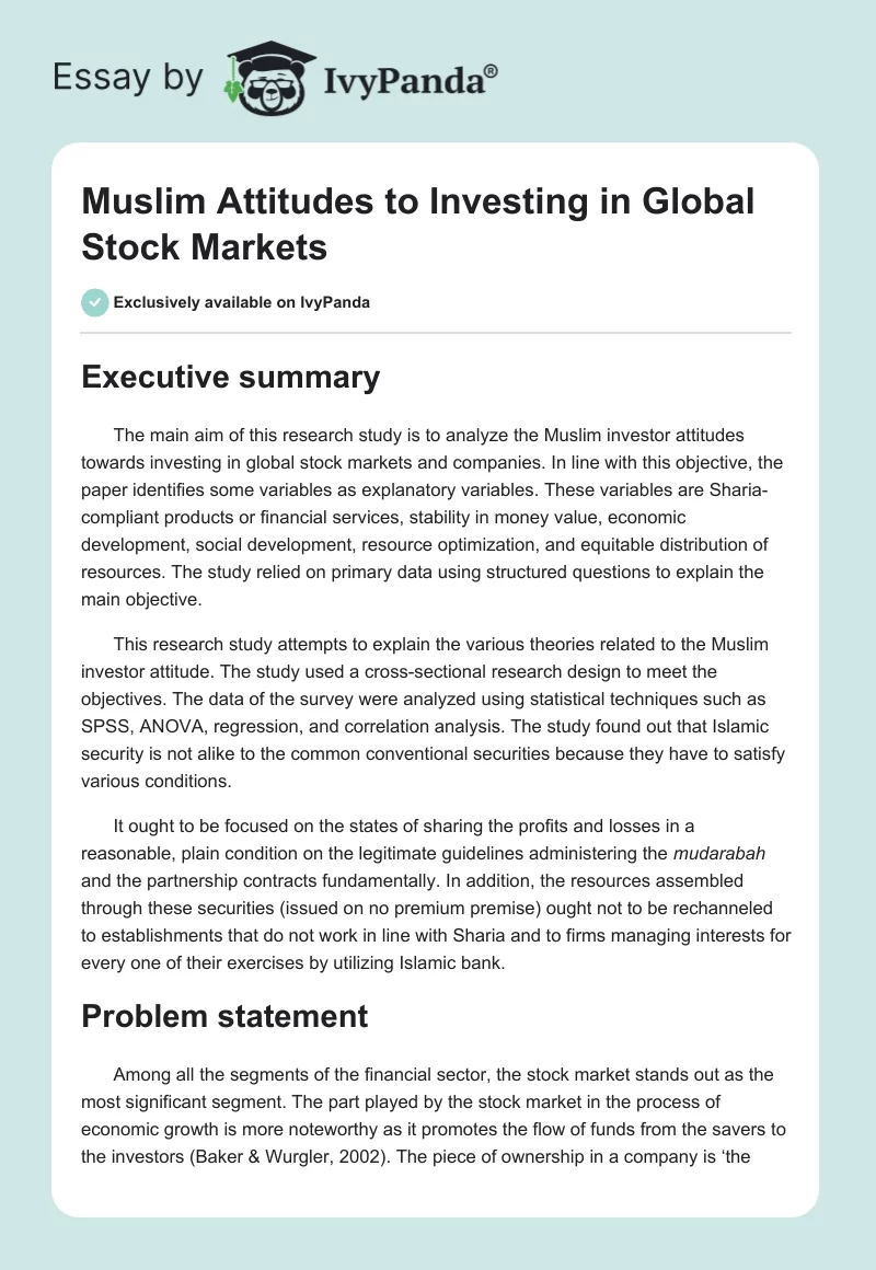Muslim Attitudes to Investing in Global Stock Markets. Page 1