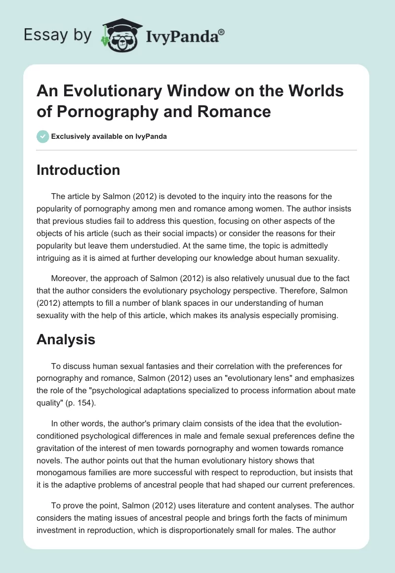 An Evolutionary Window on the Worlds of Pornography and Romance. Page 1
