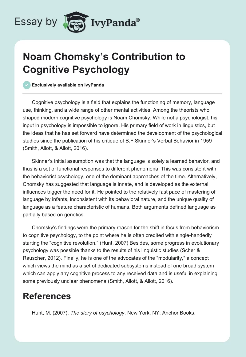 Noam Chomsky’s Contribution to Cognitive Psychology. Page 1