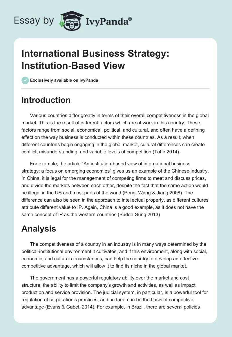 International Business Strategy: Institution-Based View. Page 1