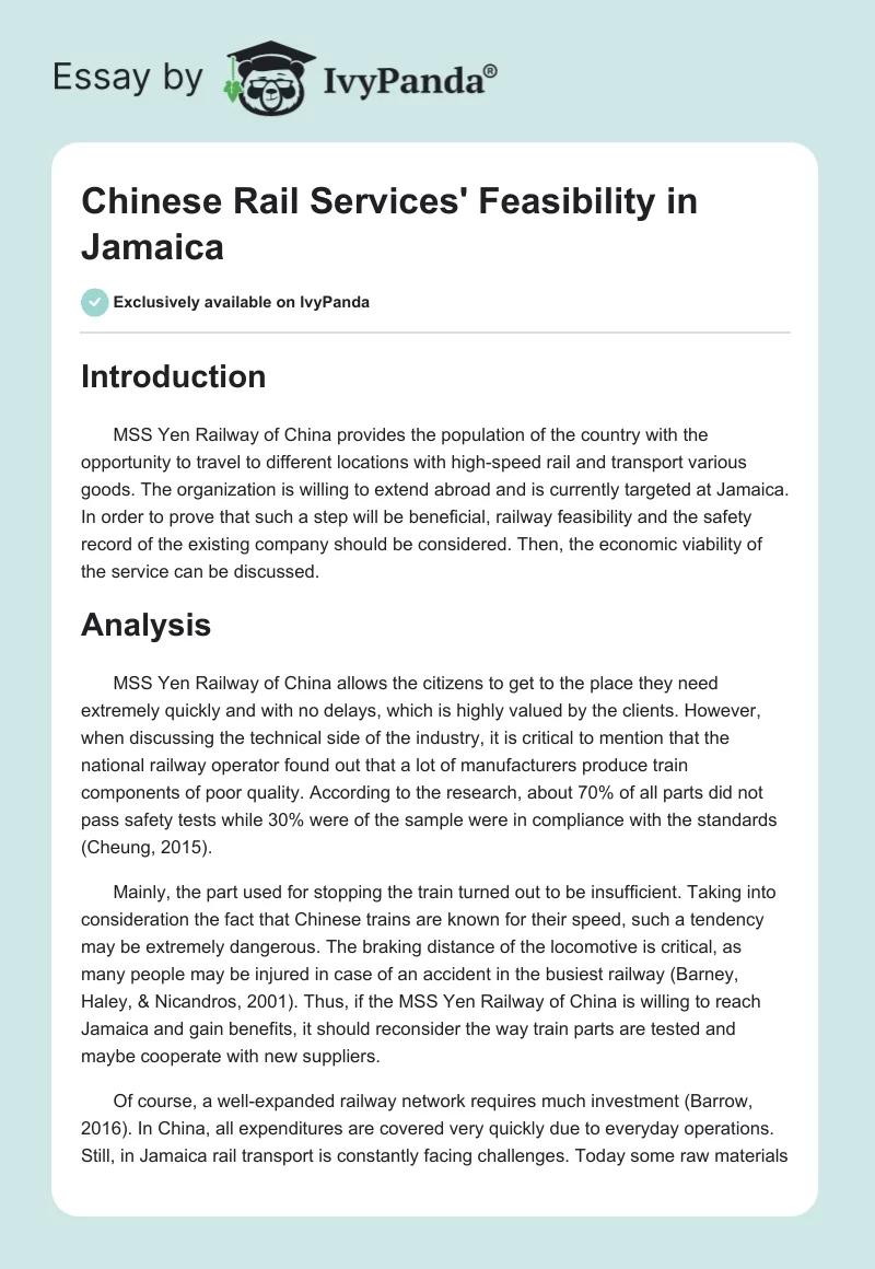 Chinese Rail Services' Feasibility in Jamaica. Page 1