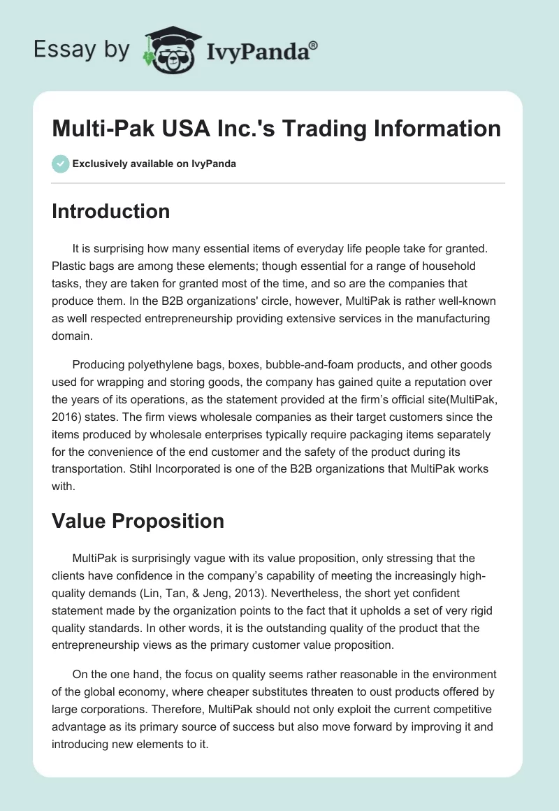 Multi-Pak USA Inc.'s Trading Information. Page 1