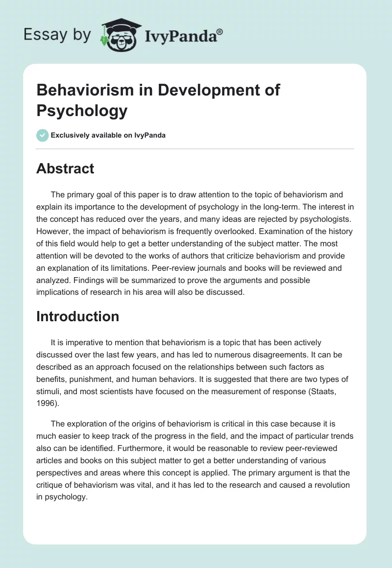 Behaviorism in Development of Psychology. Page 1