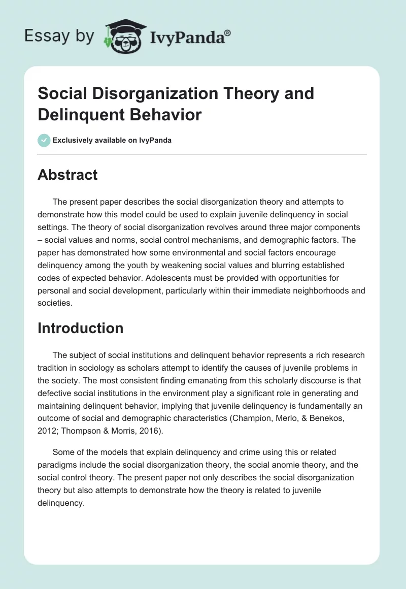 Social Disorganization Theory and Delinquent Behavior. Page 1