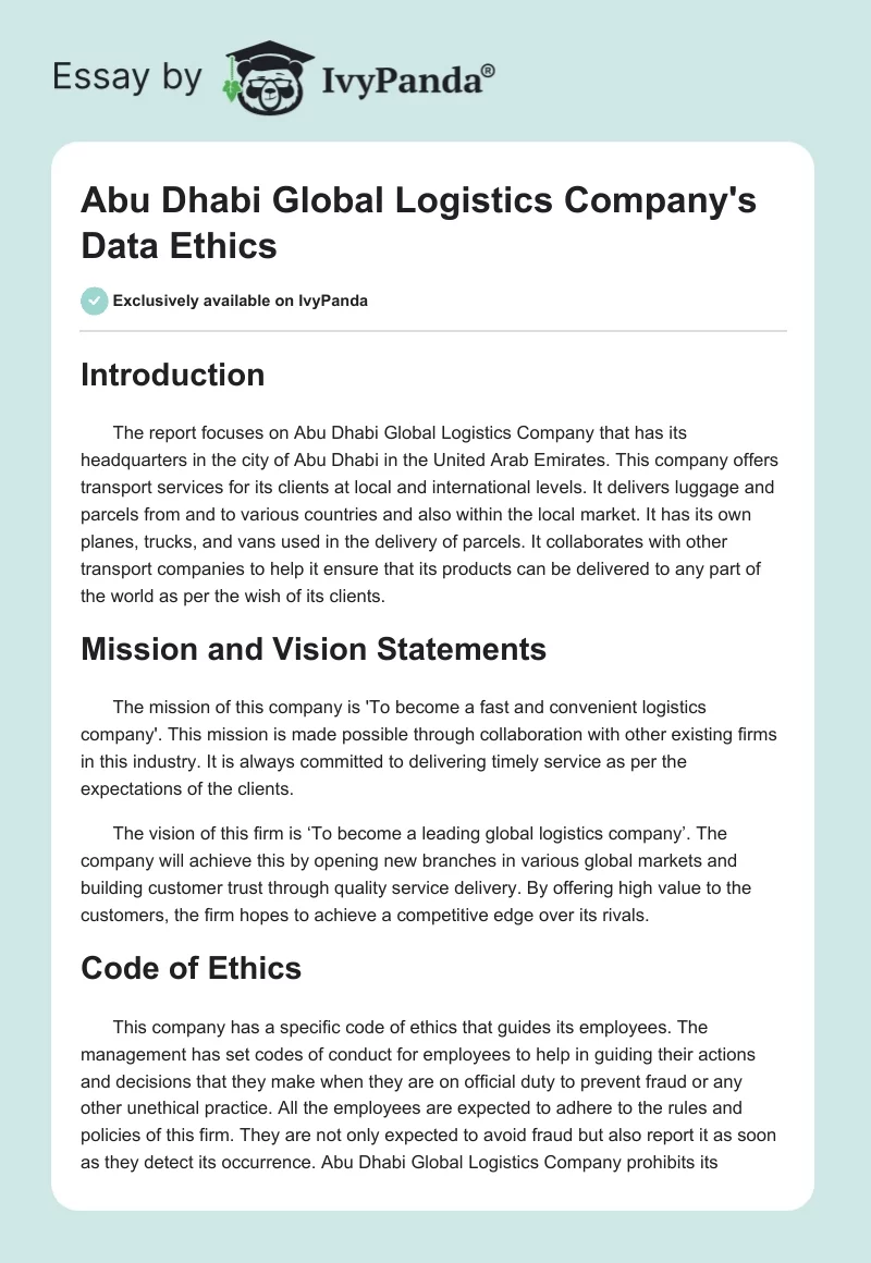 Abu Dhabi Global Logistics Company's Data Ethics. Page 1