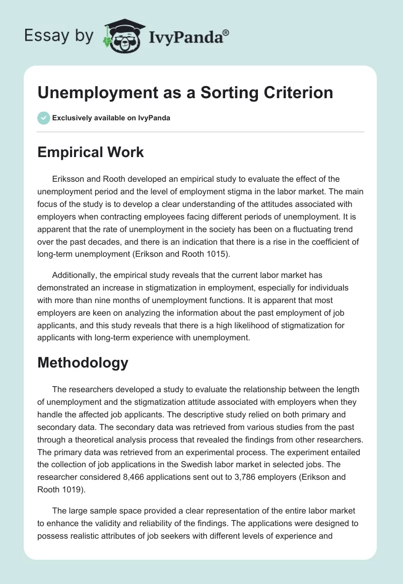 Unemployment as a Sorting Criterion. Page 1
