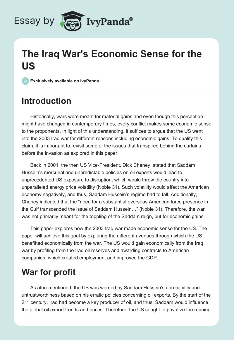 The Iraq War's Economic Sense for the US. Page 1