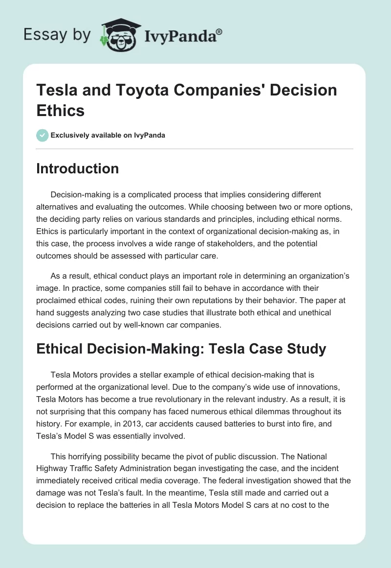 Tesla and Toyota Companies' Decision Ethics. Page 1