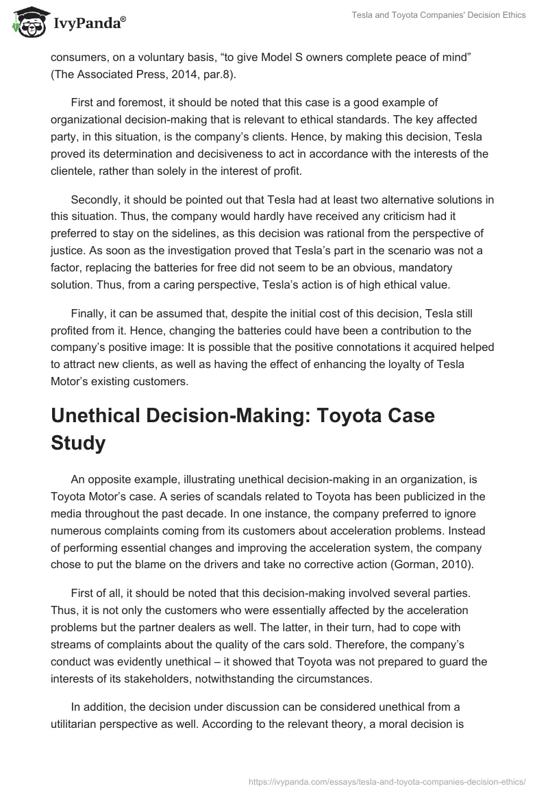 Tesla and Toyota Companies' Decision Ethics. Page 2