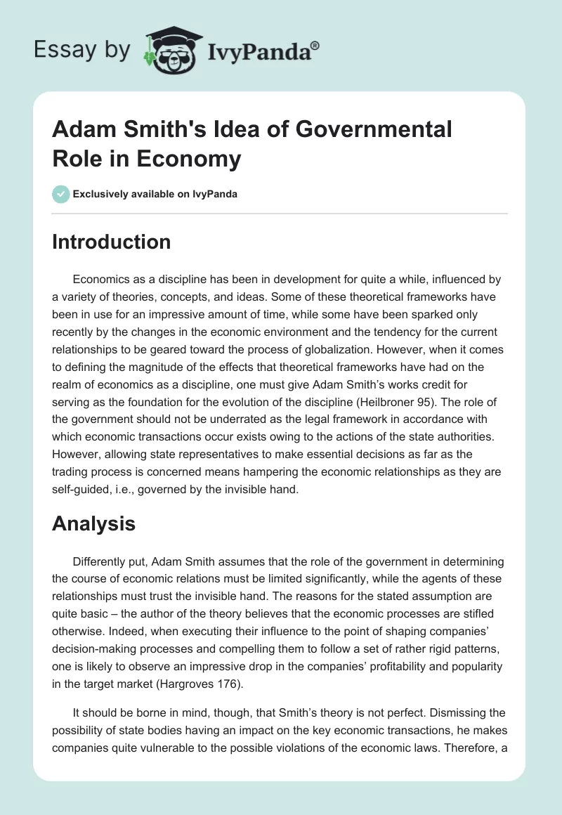 Adam Smith's Idea of Governmental Role in Economy. Page 1