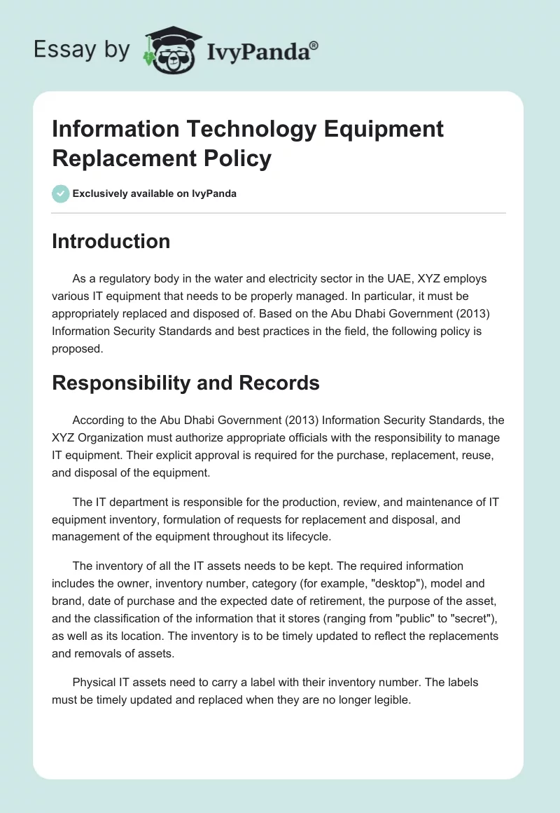 Information Technology Equipment Replacement Policy. Page 1