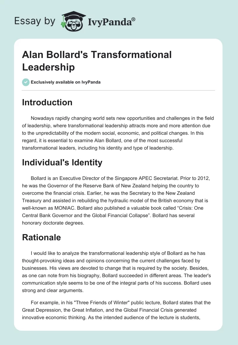 Alan Bollard's Transformational Leadership. Page 1