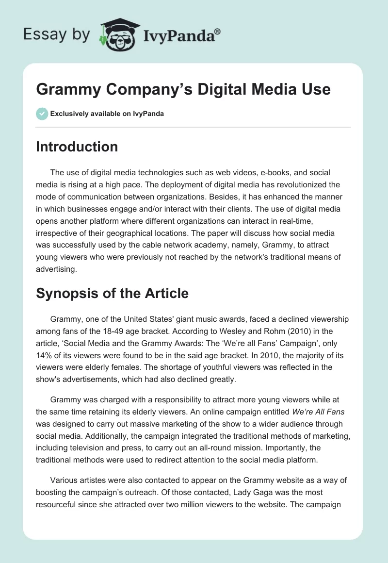Grammy Company’s Digital Media Use. Page 1