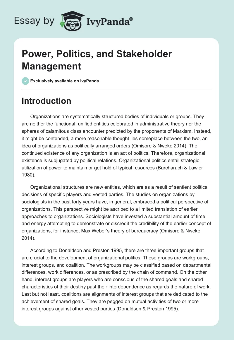 Power, Politics, and Stakeholder Management. Page 1