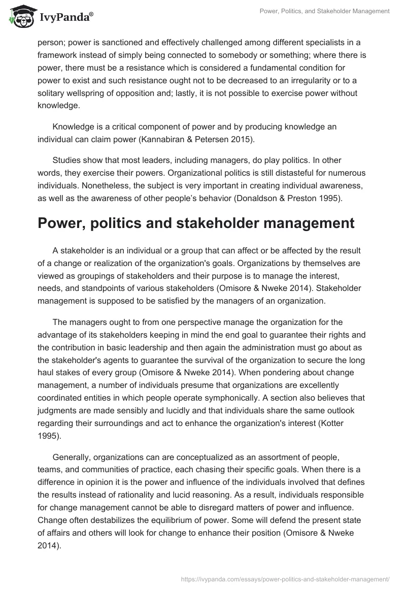 Power, Politics, and Stakeholder Management. Page 4