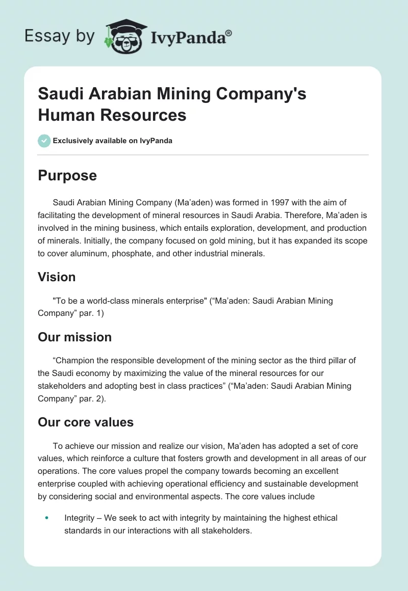 Saudi Arabian Mining Company's Human Resources. Page 1