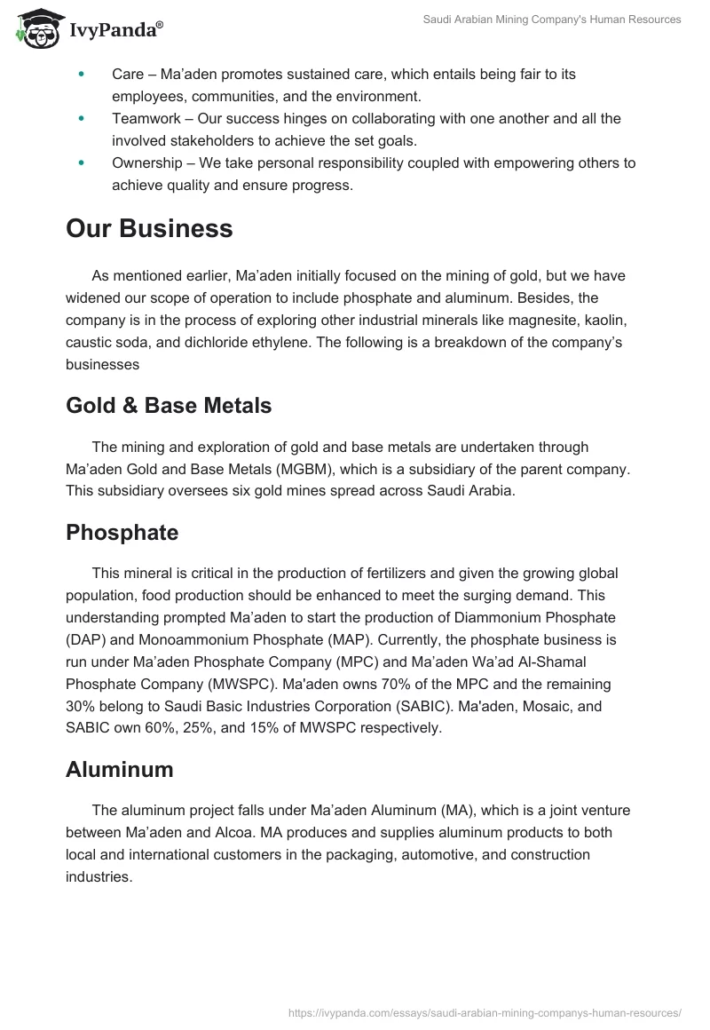 Saudi Arabian Mining Company's Human Resources. Page 2