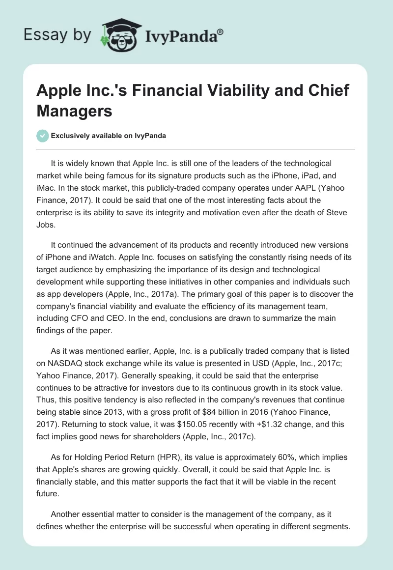 Apple Inc.'s Financial Viability and Chief Managers. Page 1